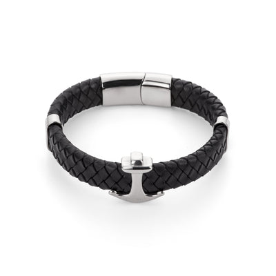 Woven Black Leather Anchor Bracelet