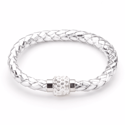 Koru Leather Crystal Bracelet In Silver